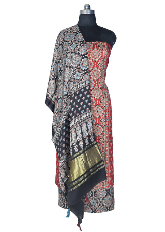 Ajrakh Modal Silk Natural Dye Hand Block Print Dress Material with Golden Border Dupatta - with Tassels - 2.5 Mt Top    -  SKU : AI21B02O