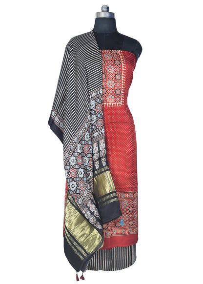 Ajrakh Modal Silk Natural Dye Hand Block Print Dress Material with Golden Border Dupatta - with Tassels - 2.5 Mt Top    -  SKU : AI21B02Y