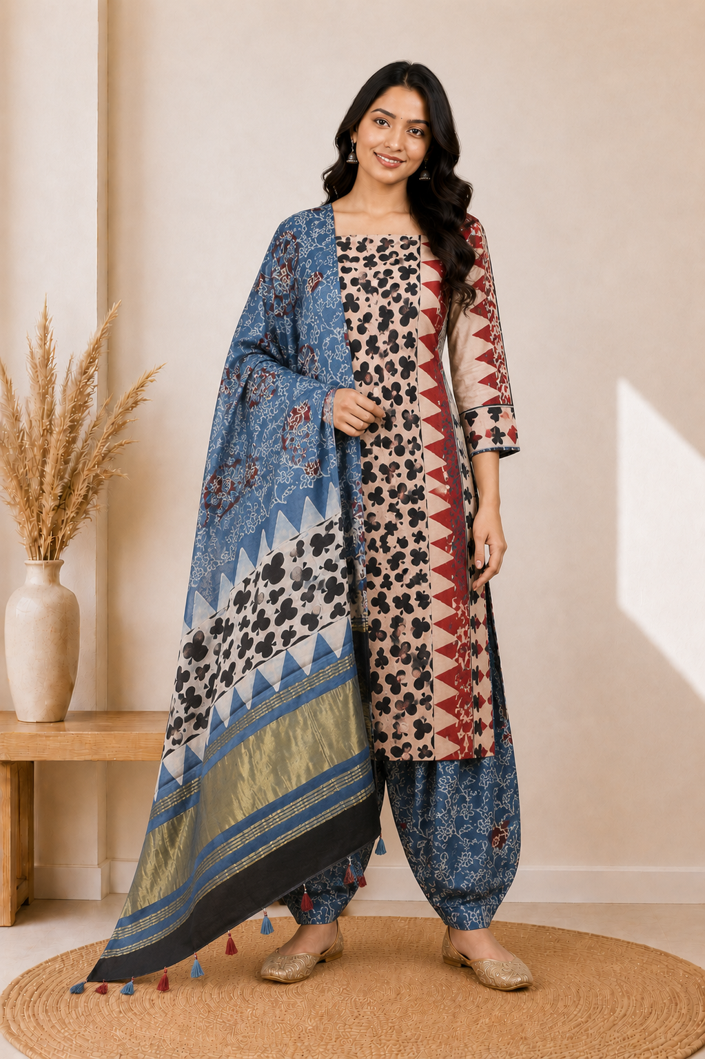 Ajrakh Modal Silk Natural Dye Hand Block Print Dress Material with Golden Border Dupatta - with Tassels - 2.5 Mt Top    -  SKU : AI27A03B