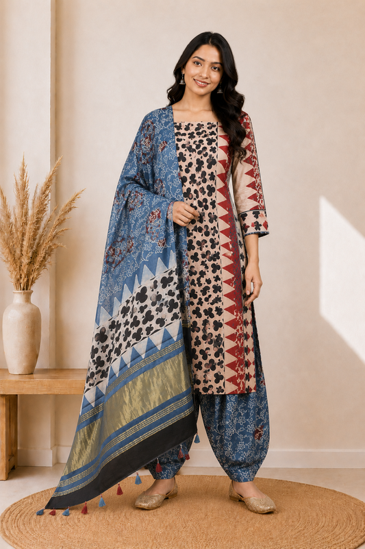Ajrakh Modal Silk Natural Dye Hand Block Print Dress Material with Golden Border Dupatta - with Tassels - 2.5 Mt Top    -  SKU : AI27A03B