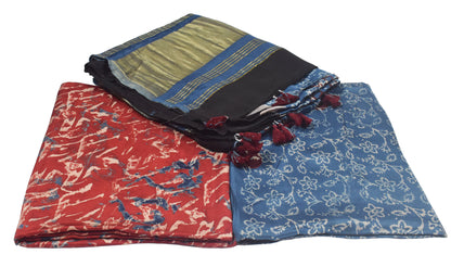 Ajrakh Modal Silk Natural Dye Hand Block Print Dress Material with Golden Border Dupatta - with Tassels - 2.5 Mt Top    -  SKU : AI27A03B