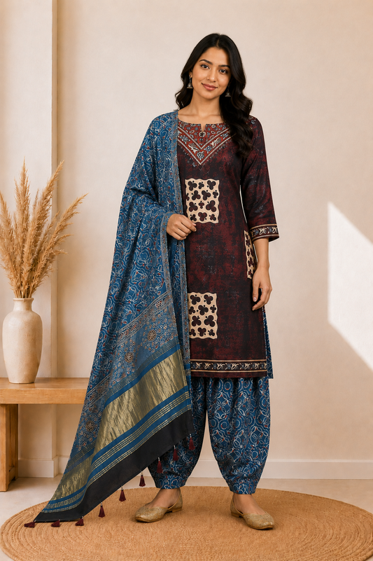 Ajrakh Modal Silk Natural Dye Hand Block Print Dress Material with Golden Border Dupatta - with Tassels - 2.5 Mt Top    -  SKU : AI27A03F