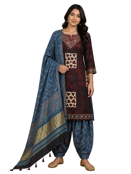 Ajrakh Modal Silk Natural Dye Hand Block Print Dress Material with Golden Border Dupatta - with Tassels - 2.5 Mt Top    -  SKU : AI27A03F
