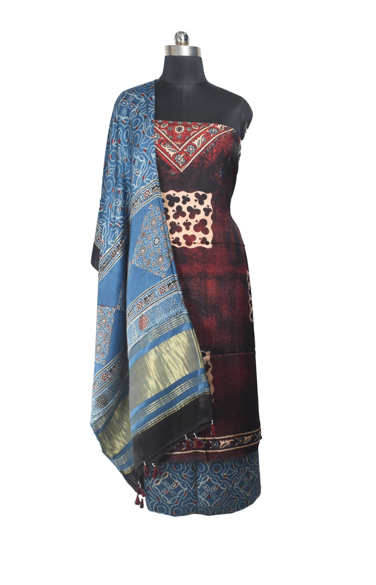 Ajrakh Modal Silk Natural Dye Hand Block Print Dress Material with Golden Border Dupatta - with Tassels - 2.5 Mt Top    -  SKU : AI27A03F