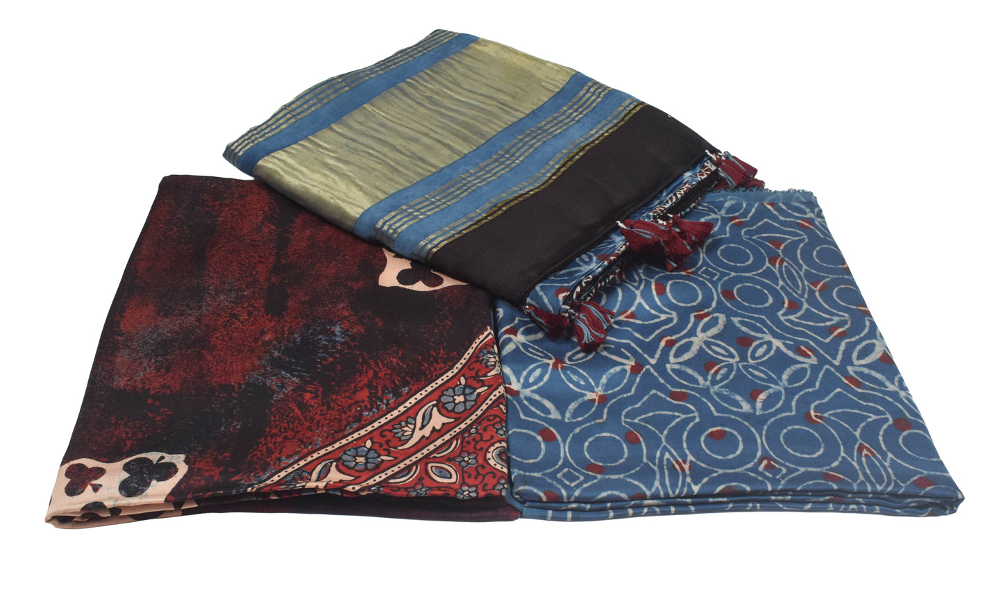 Ajrakh Modal Silk Natural Dye Hand Block Print Dress Material with Golden Border Dupatta - with Tassels - 2.5 Mt Top    -  SKU : AI27A03F