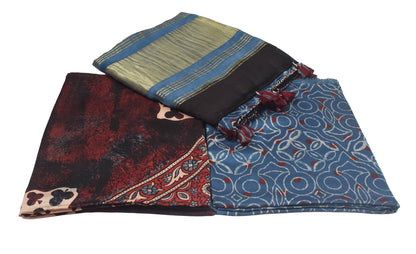 Ajrakh Modal Silk Natural Dye Hand Block Print Dress Material with Golden Border Dupatta - with Tassels - 2.5 Mt Top    -  SKU : AI27A03F