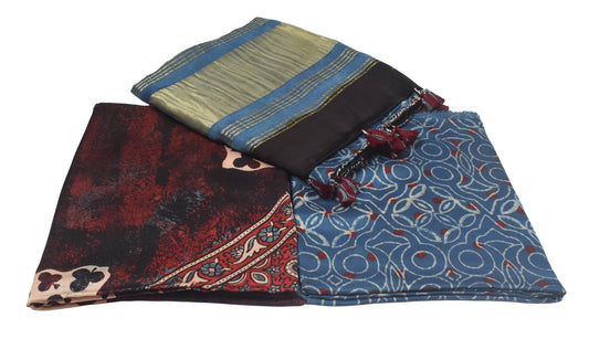 Ajrakh Modal Silk Natural Dye Hand Block Print Dress Material with Golden Border Dupatta - with Tassels - 2.5 Mt Top    -  SKU : AI27A03F