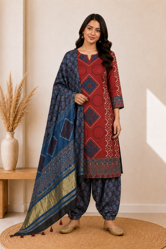 Ajrakh Modal Silk Natural Dye Hand Block Print Dress Material with Golden Border Dupatta - with Tassels - 2.5 Mt Top    -  SKU : AI27A03J