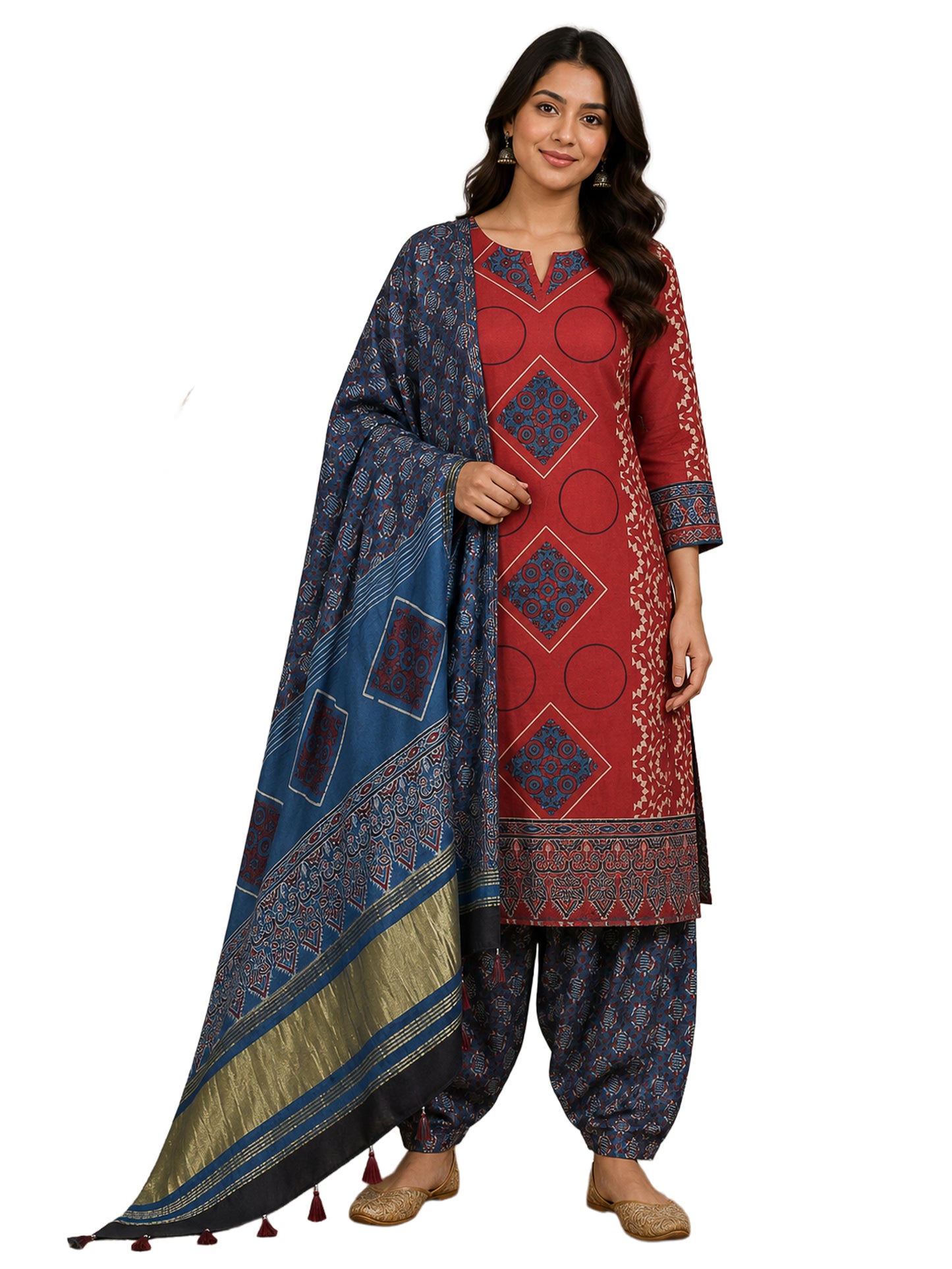 Ajrakh Modal Silk Natural Dye Hand Block Print Dress Material with Golden Border Dupatta - with Tassels - 2.5 Mt Top    -  SKU : AI27A03J