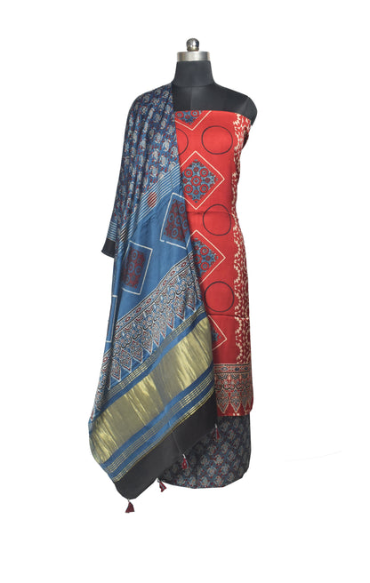 Ajrakh Modal Silk Natural Dye Hand Block Print Dress Material with Golden Border Dupatta - with Tassels - 2.5 Mt Top    -  SKU : AI27A03J