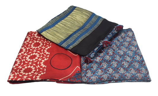 Ajrakh Modal Silk Natural Dye Hand Block Print Dress Material with Golden Border Dupatta - with Tassels - 2.5 Mt Top    -  SKU : AI27A03J