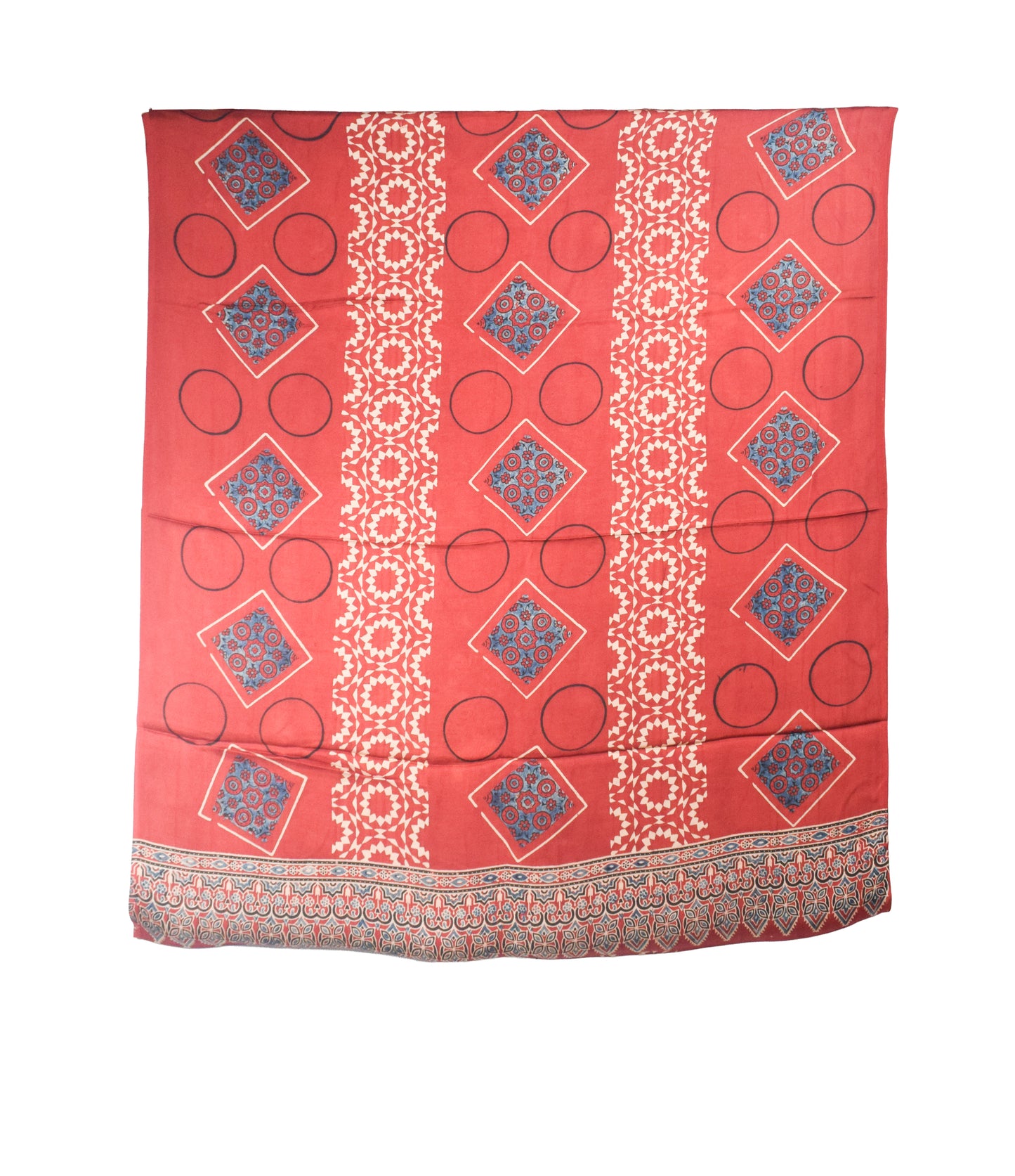 Ajrakh Modal Silk Natural Dye Hand Block Print Dress Material with Golden Border Dupatta - with Tassels - 2.5 Mt Top    -  SKU : AI27A03J