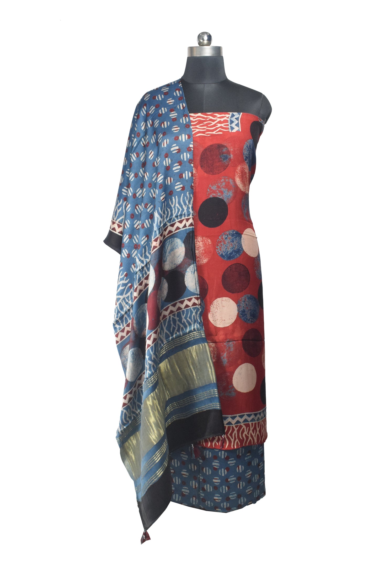 Ajrakh Modal Silk Natural Dye Hand Block Print Dress Material with Golden Border Dupatta - with Tassels - 2.5 Mt Top    -  SKU : AI27A03N