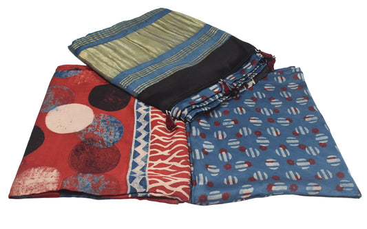 Ajrakh Modal Silk Natural Dye Hand Block Print Dress Material with Golden Border Dupatta - with Tassels - 2.5 Mt Top    -  SKU : AI27A03N