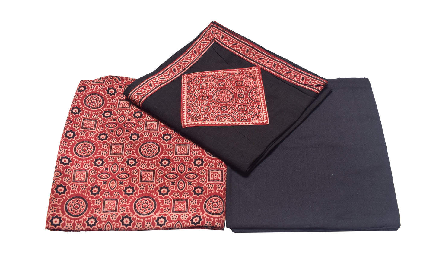Ajrakh Cotton Natural Dye Screen Print Hand Printed Dress Material  with Applique Work Dupatta  - 2.5  Mt Top    -  SKU : RM13902B