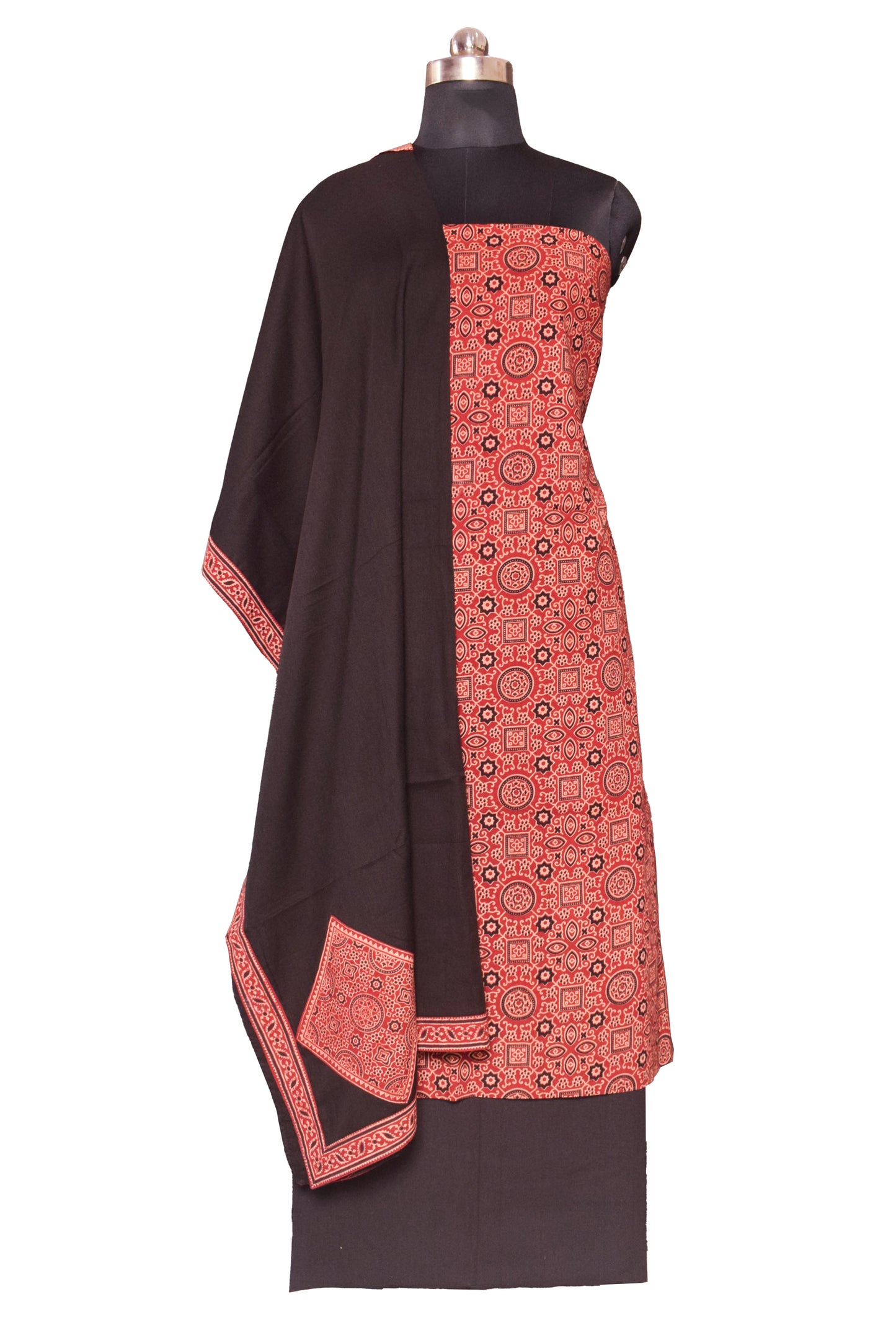 Ajrakh Cotton Natural Dye Screen Print Hand Printed Dress Material  with Applique Work Dupatta  - 2.5  Mt Top    -  SKU : RM13902B