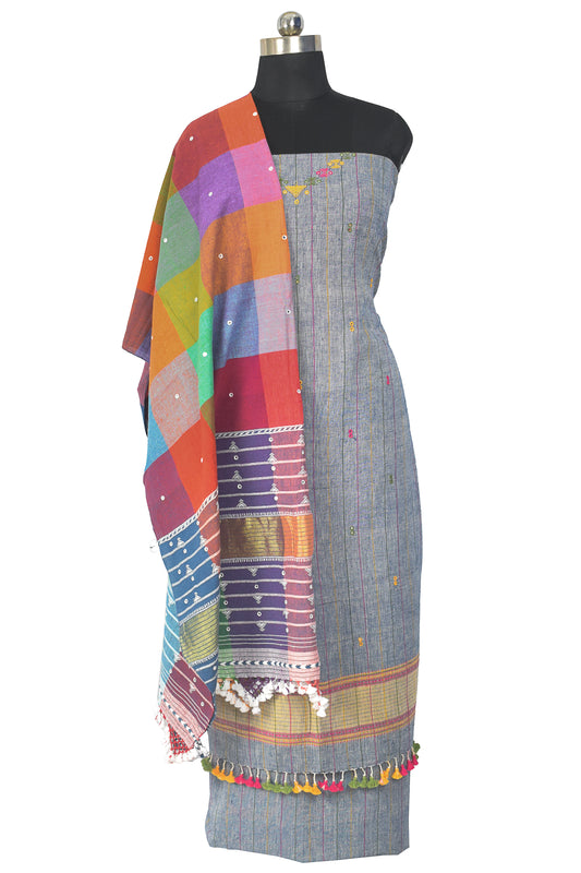 Handloom Woven Kala Cotton Patterned Weaving Fine Mirrorwork Dress Material with Tassels - 2.5 Mt Top    -  SKU : JM20B01A