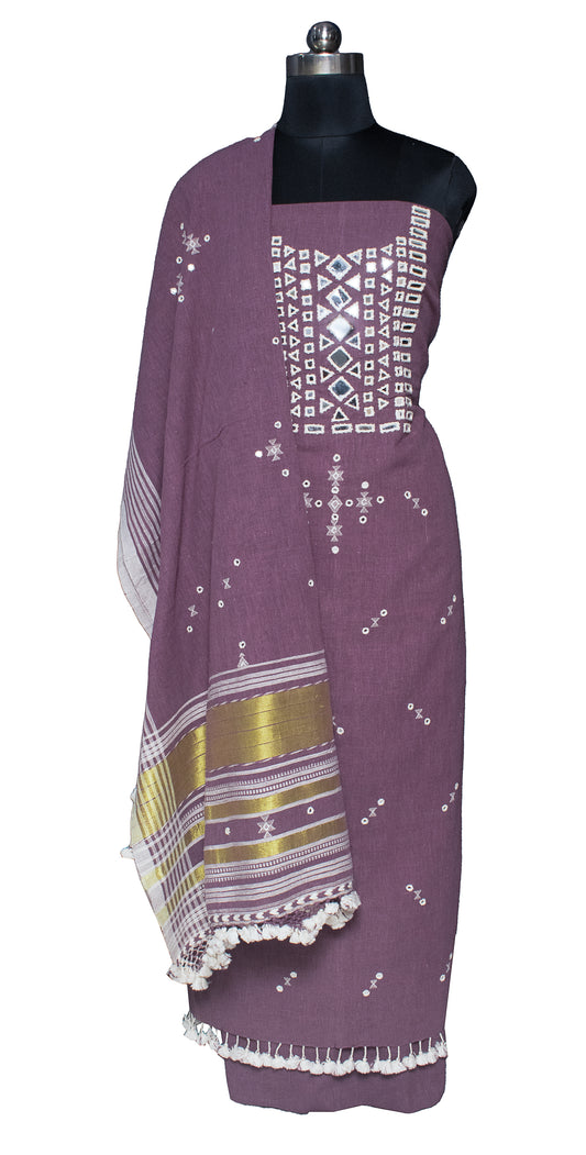 Handloom Woven Kala Cotton Patterned Weaving Fine Mirrorwork Dress Material with Tassels     -  SKU : JM24701B