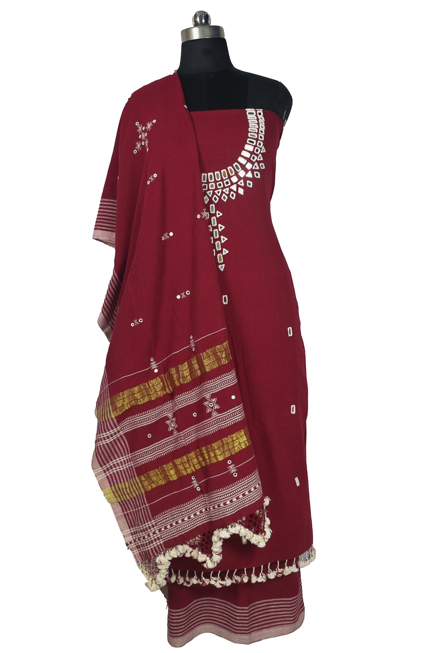 Handloom Woven Kala Cotton Patterned Weaving Fine Mirrorwork Dress Material with Tassels - 2.5 Mt Top    -  SKU : JM03401A