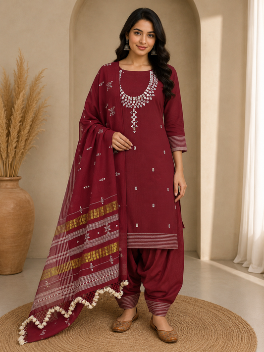 Handloom Woven Kala Cotton Patterned Weaving Fine Mirrorwork Dress Material with Tassels - 2.5 Mt Top    -  SKU : JM03401A
