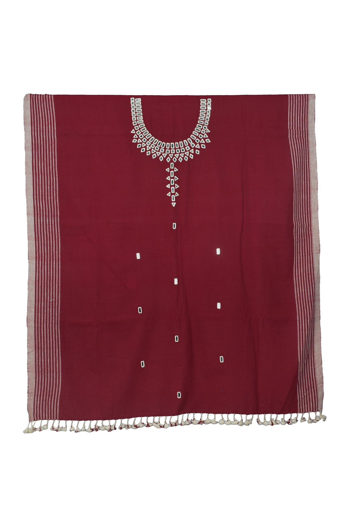 Handloom Woven Kala Cotton Patterned Weaving Fine Mirrorwork Dress Material with Tassels - 2.5 Mt Top    -  SKU : JM03401A