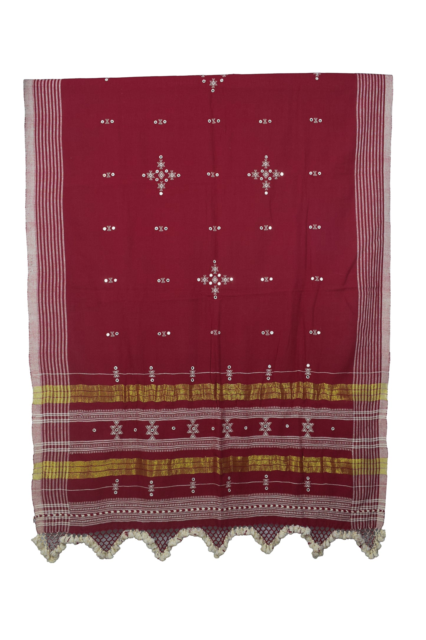 Handloom Woven Kala Cotton Patterned Weaving Fine Mirrorwork Dress Material with Tassels - 2.5 Mt Top    -  SKU : JM03401A