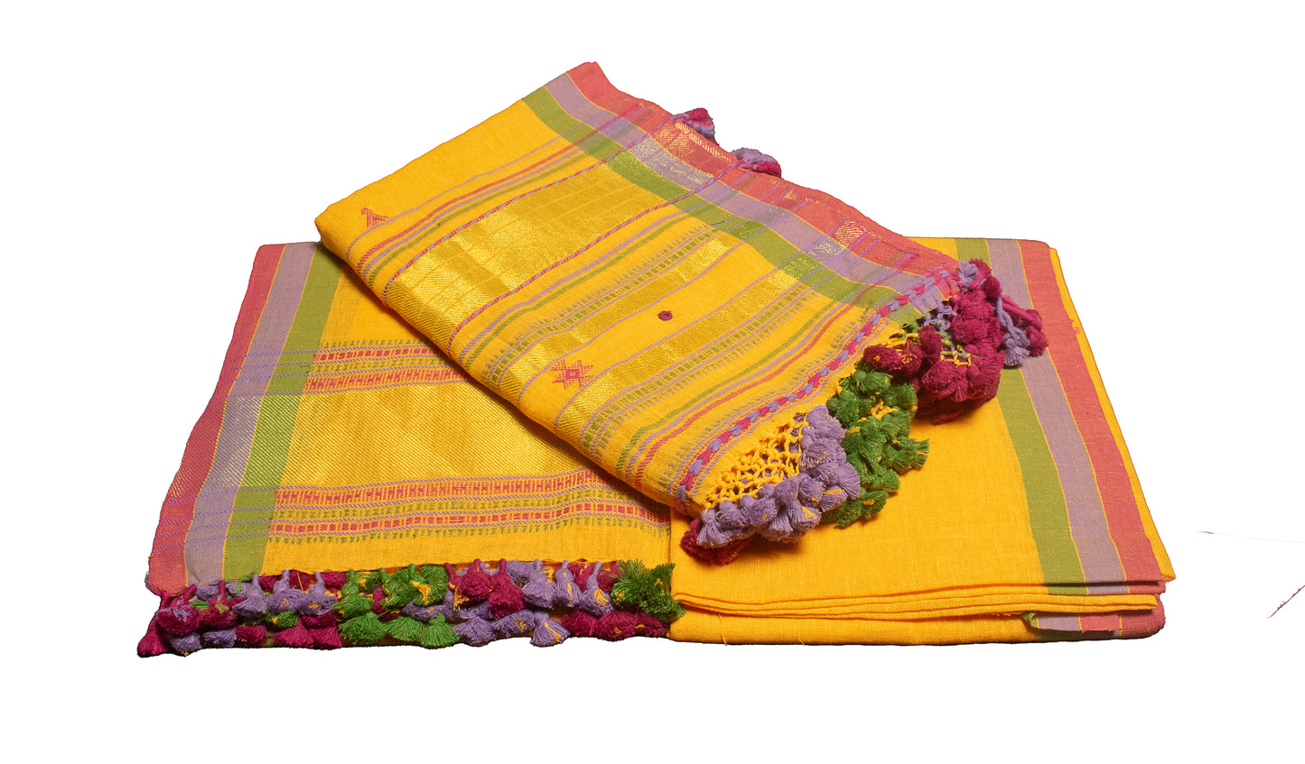 Handloom Woven Kala Cotton Patterned Weaving Fine Mirrorwork Dress Material with Tassels     -  SKU : JM22701A - Can be Deleted