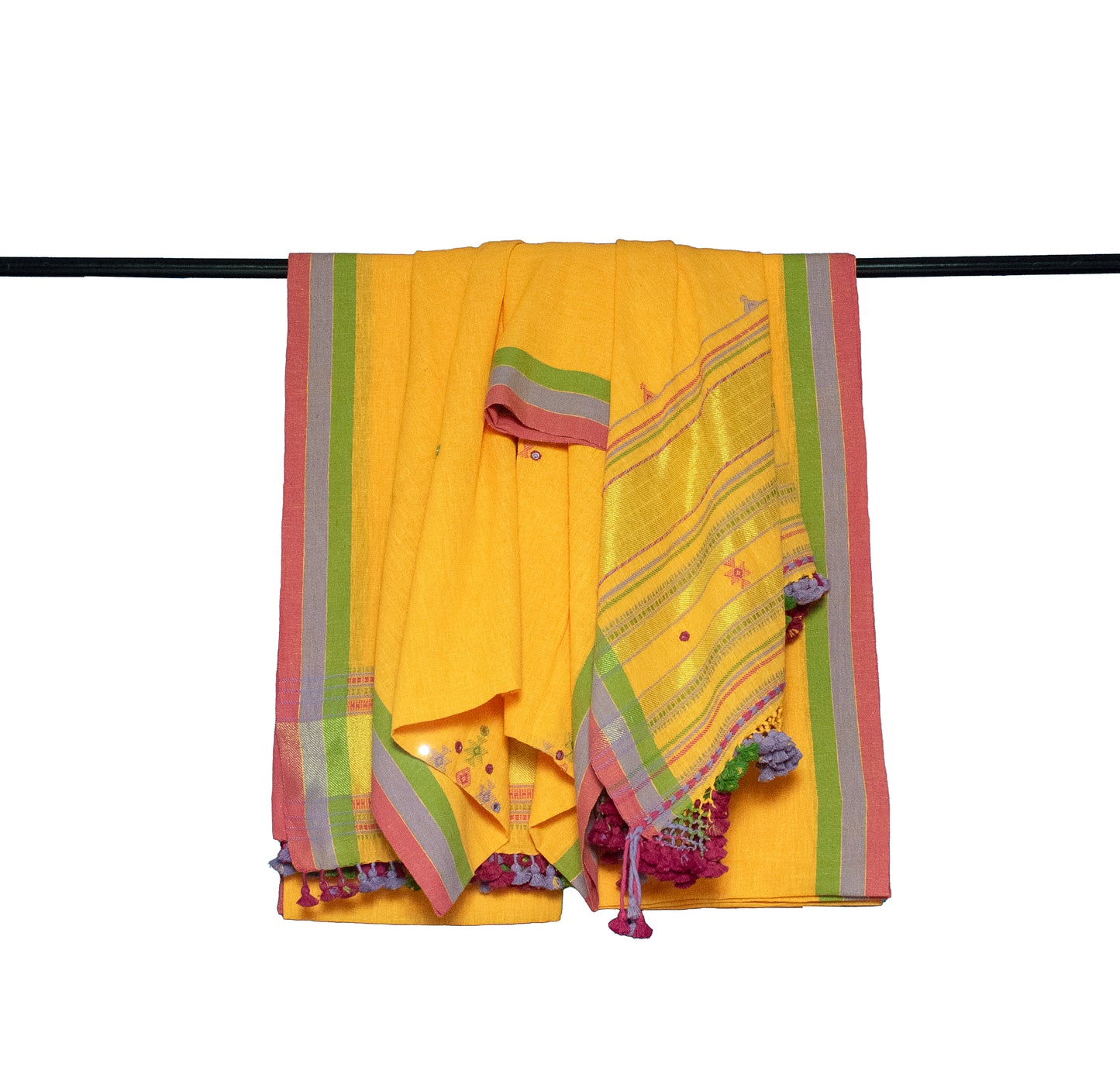 Handloom Woven Kala Cotton Patterned Weaving Fine Mirrorwork Dress Material with Tassels     -  SKU : JM22701A - Can be Deleted