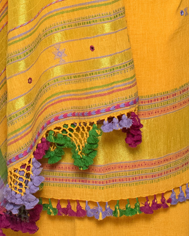 Handloom Woven Kala Cotton Patterned Weaving Fine Mirrorwork Dress Material with Tassels     -  SKU : JM22701A - Can be Deleted