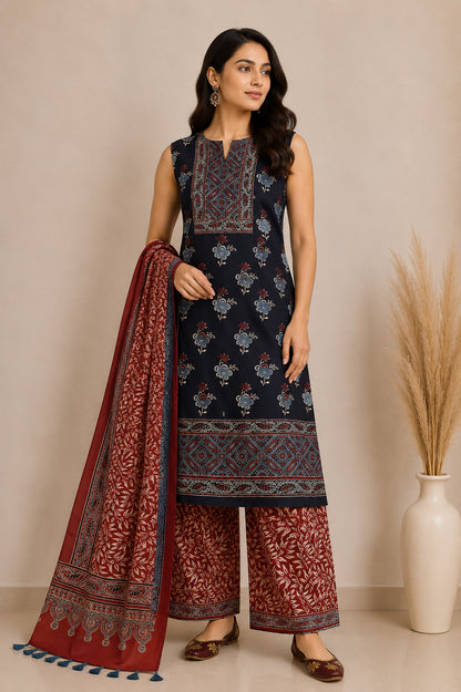 Ajrakh Modal Silk Natural Dye Hand Block Print Dress Material with Full Ajrakh Heavy Dupatta - with Tassels - 2.5 Mt Top    -  SKU : AI02502B