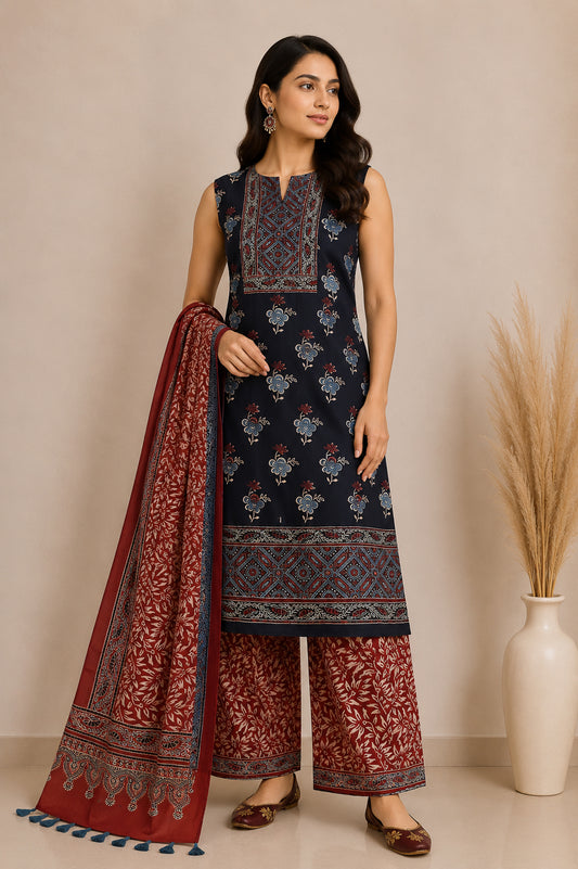 Ajrakh Modal Silk Natural Dye Hand Block Print Dress Material with Full Ajrakh Heavy Dupatta - with Tassels - 2.5 Mt Top    -  SKU : AI02502B
