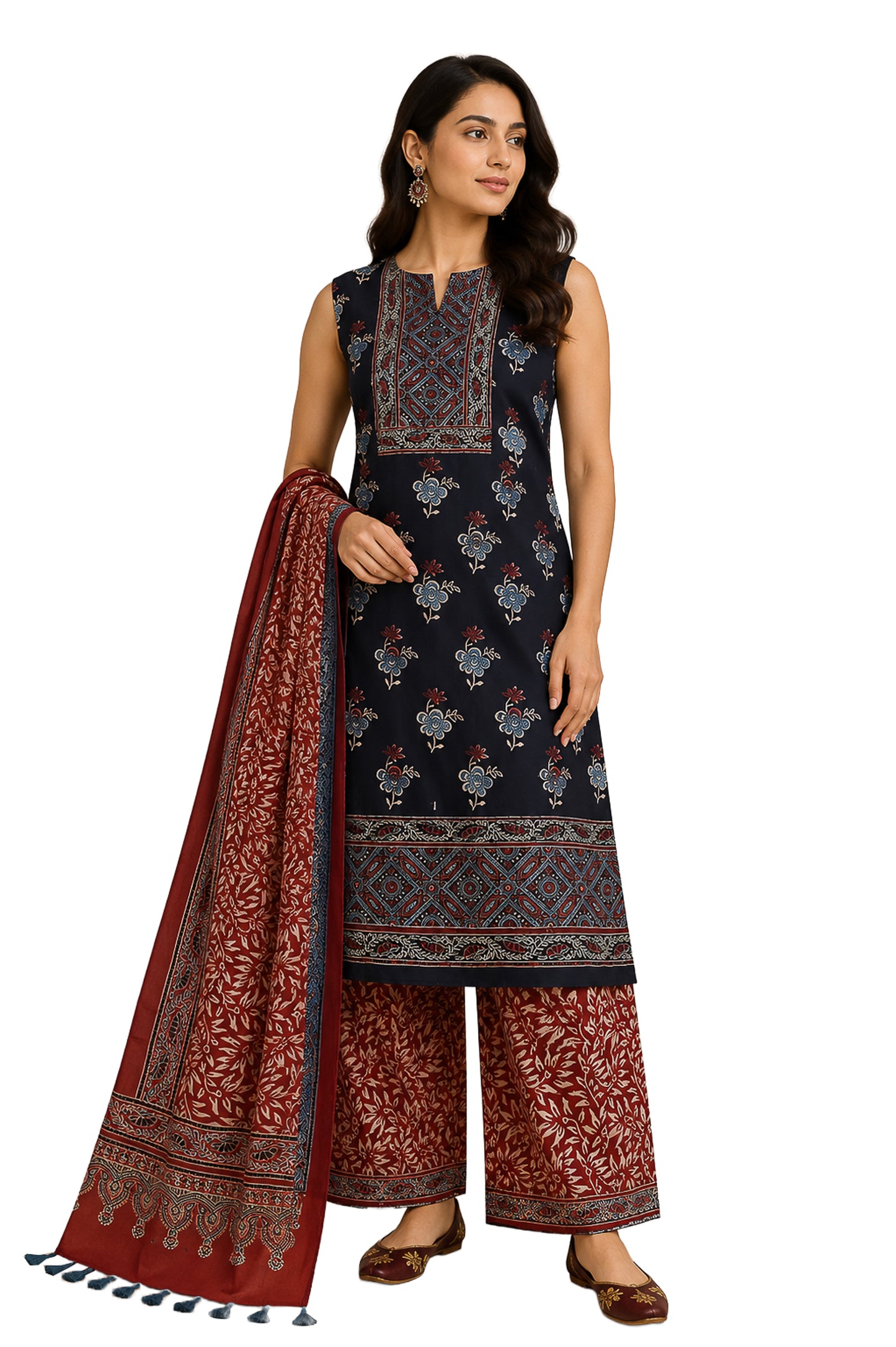 Ajrakh Modal Silk Natural Dye Hand Block Print Dress Material with Full Ajrakh Heavy Dupatta - with Tassels - 2.5 Mt Top    -  SKU : AI02502B
