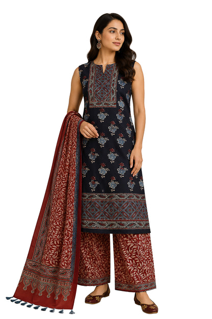 Ajrakh Modal Silk Natural Dye Hand Block Print Dress Material with Full Ajrakh Heavy Dupatta - with Tassels - 2.5 Mt Top    -  SKU : AI02502B