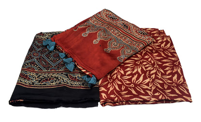 Ajrakh Modal Silk Natural Dye Hand Block Print Dress Material with Full Ajrakh Heavy Dupatta - with Tassels - 2.5 Mt Top    -  SKU : AI02502B