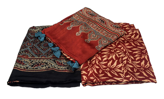 Ajrakh Modal Silk Natural Dye Hand Block Print Dress Material with Full Ajrakh Heavy Dupatta - with Tassels - 2.5 Mt Top    -  SKU : AI02502B