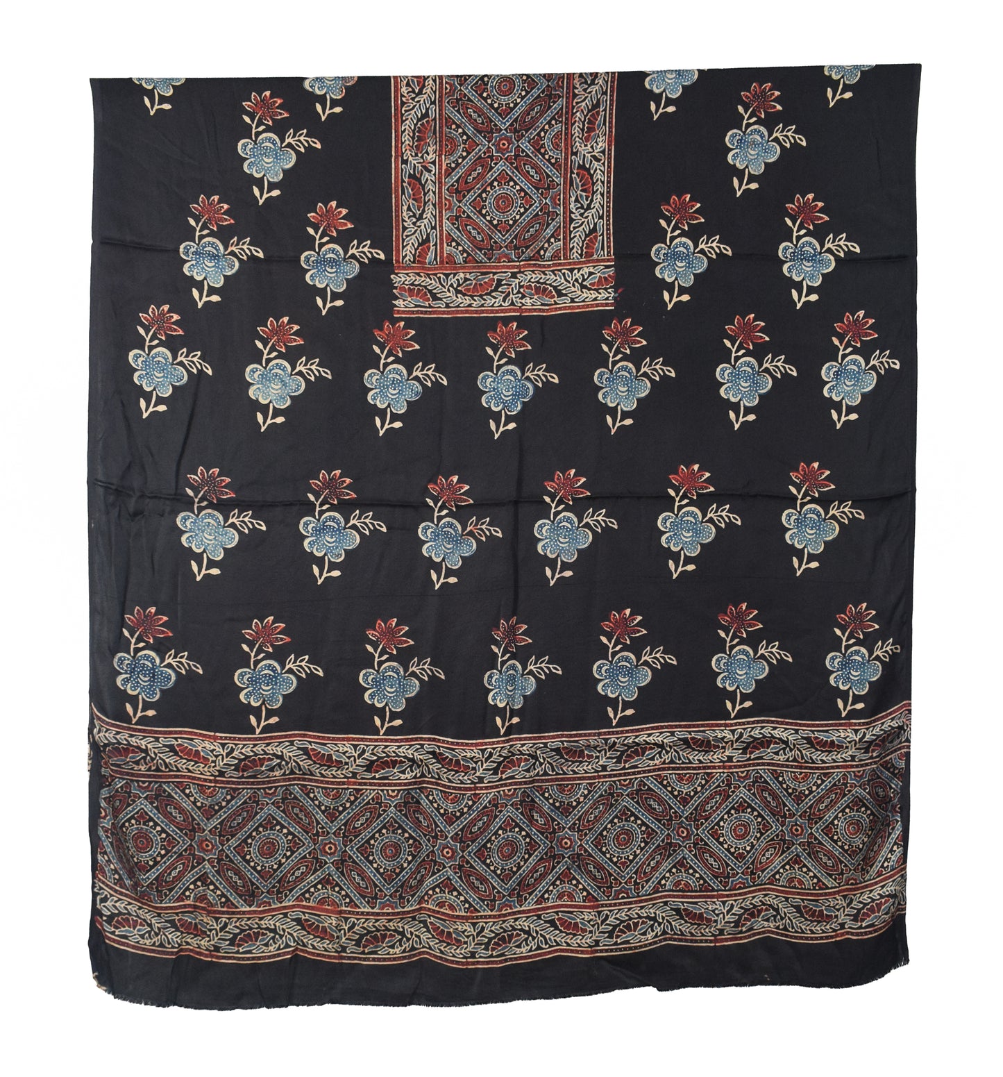 Ajrakh Modal Silk Natural Dye Hand Block Print Dress Material with Full Ajrakh Heavy Dupatta - with Tassels - 2.5 Mt Top    -  SKU : AI02502B