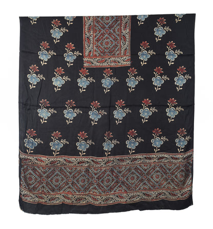 Ajrakh Modal Silk Natural Dye Hand Block Print Dress Material with Full Ajrakh Heavy Dupatta - with Tassels - 2.5 Mt Top    -  SKU : AI02502B