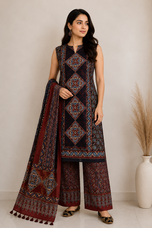 Ajrakh Modal Silk Natural Dye Hand Block Print Dress Material with Full Ajrakh Heavy Dupatta - with Tassels - 2.5 Mt Top    -  SKU : AI02502G