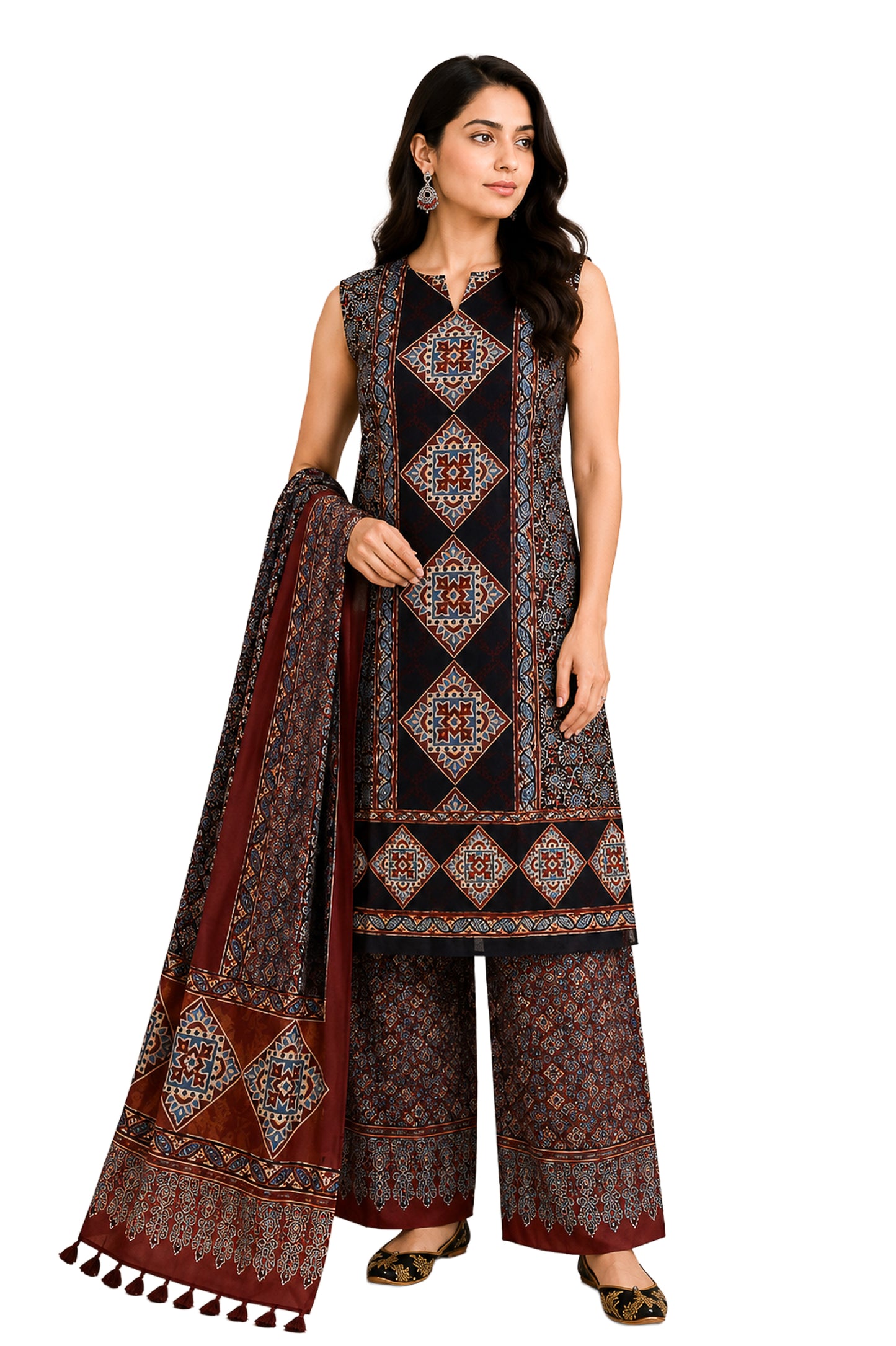 Ajrakh Modal Silk Natural Dye Hand Block Print Dress Material with Full Ajrakh Heavy Dupatta - with Tassels - 2.5 Mt Top    -  SKU : AI02502G