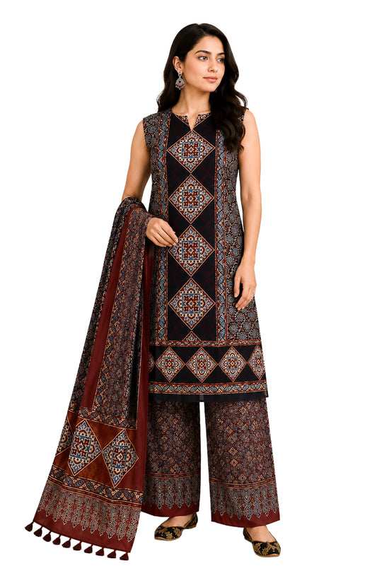 Ajrakh Modal Silk Natural Dye Hand Block Print Dress Material with Full Ajrakh Heavy Dupatta - with Tassels - 2.5 Mt Top    -  SKU : AI02502G