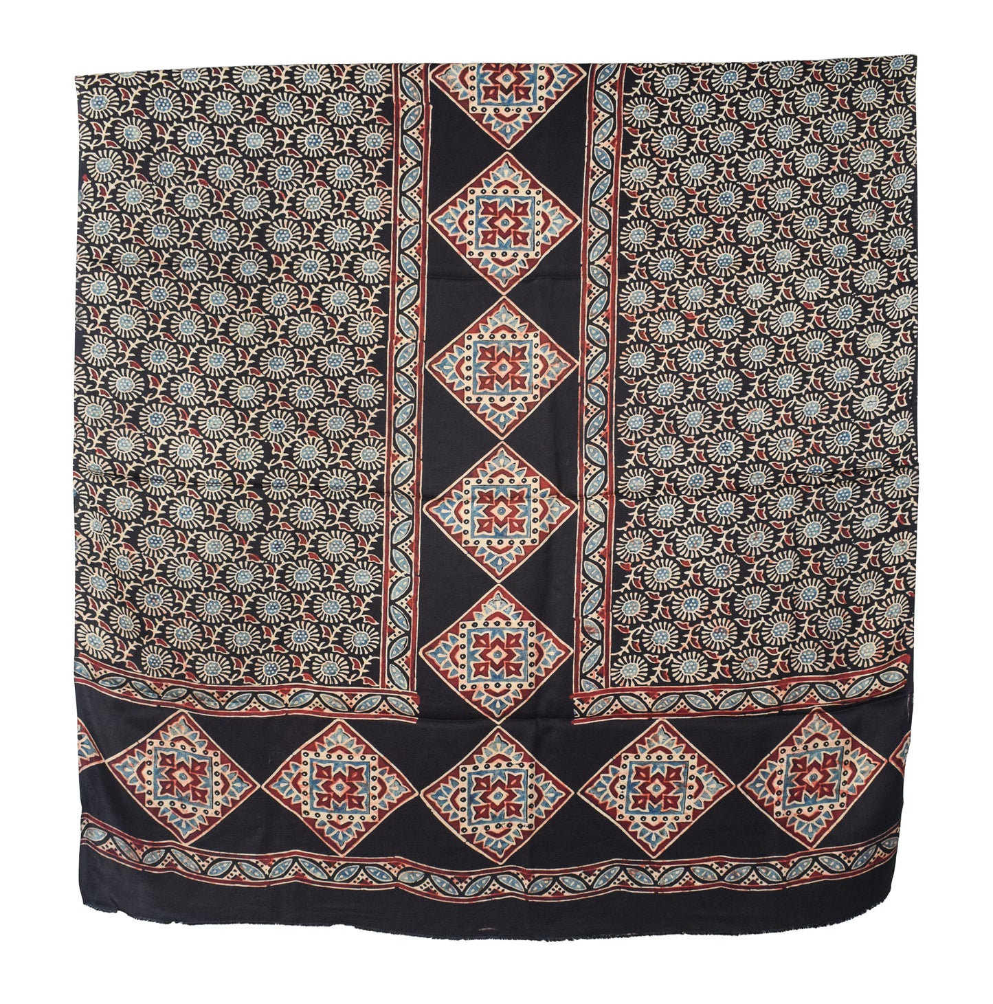 Ajrakh Modal Silk Natural Dye Hand Block Print Dress Material with Full Ajrakh Heavy Dupatta - with Tassels - 2.5 Mt Top    -  SKU : AI02502G