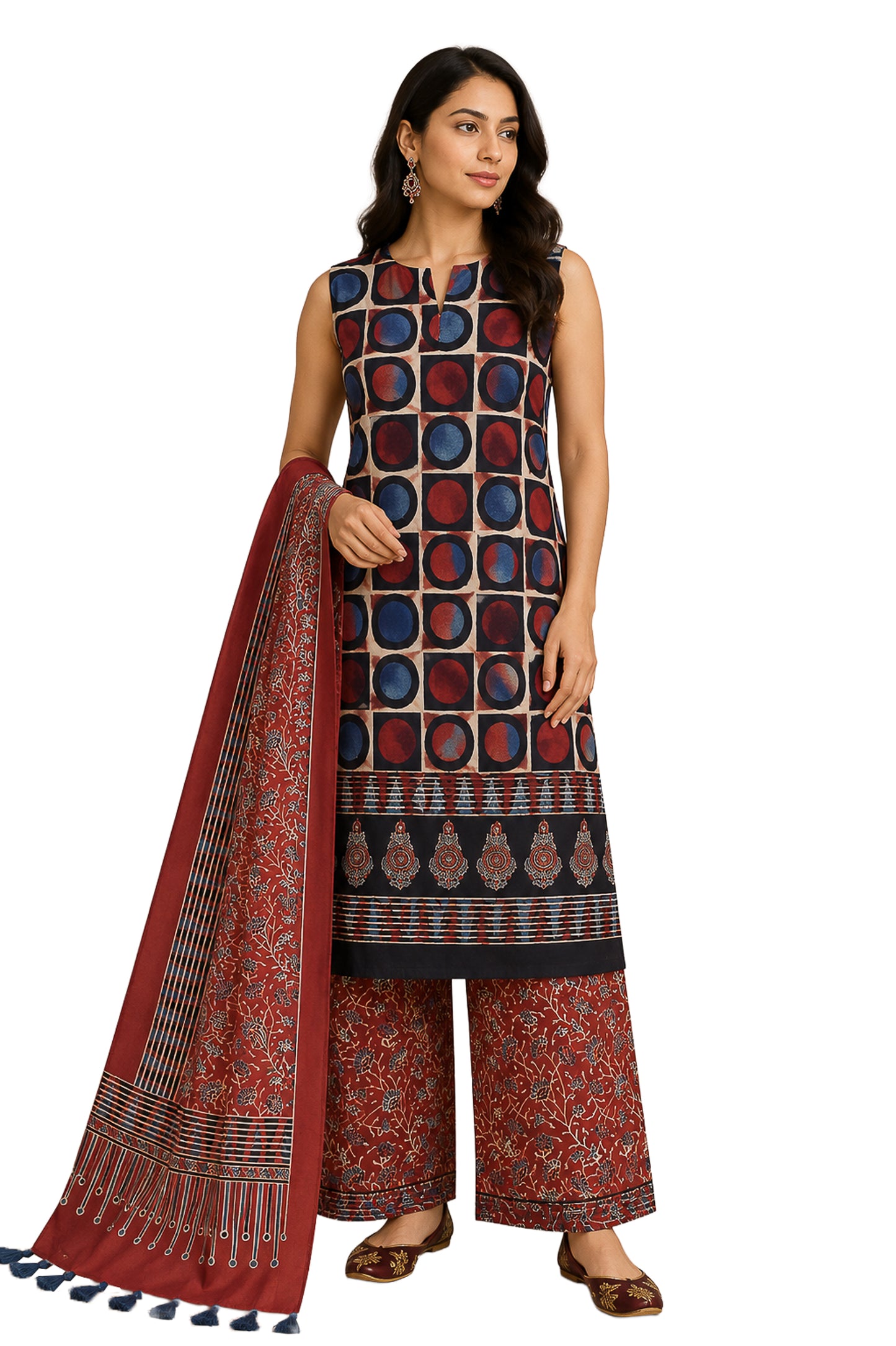 Ajrakh Modal Silk Natural Dye Hand Block Print Dress Material with Full Ajrakh Heavy Dupatta - with Tassels - 2.5 Mt Top    -  SKU : AI02502L