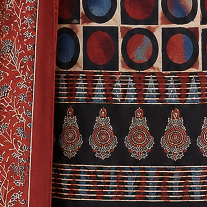 Ajrakh Modal Silk Natural Dye Hand Block Print Dress Material with Full Ajrakh Heavy Dupatta - with Tassels - 2.5 Mt Top    -  SKU : AI02502L