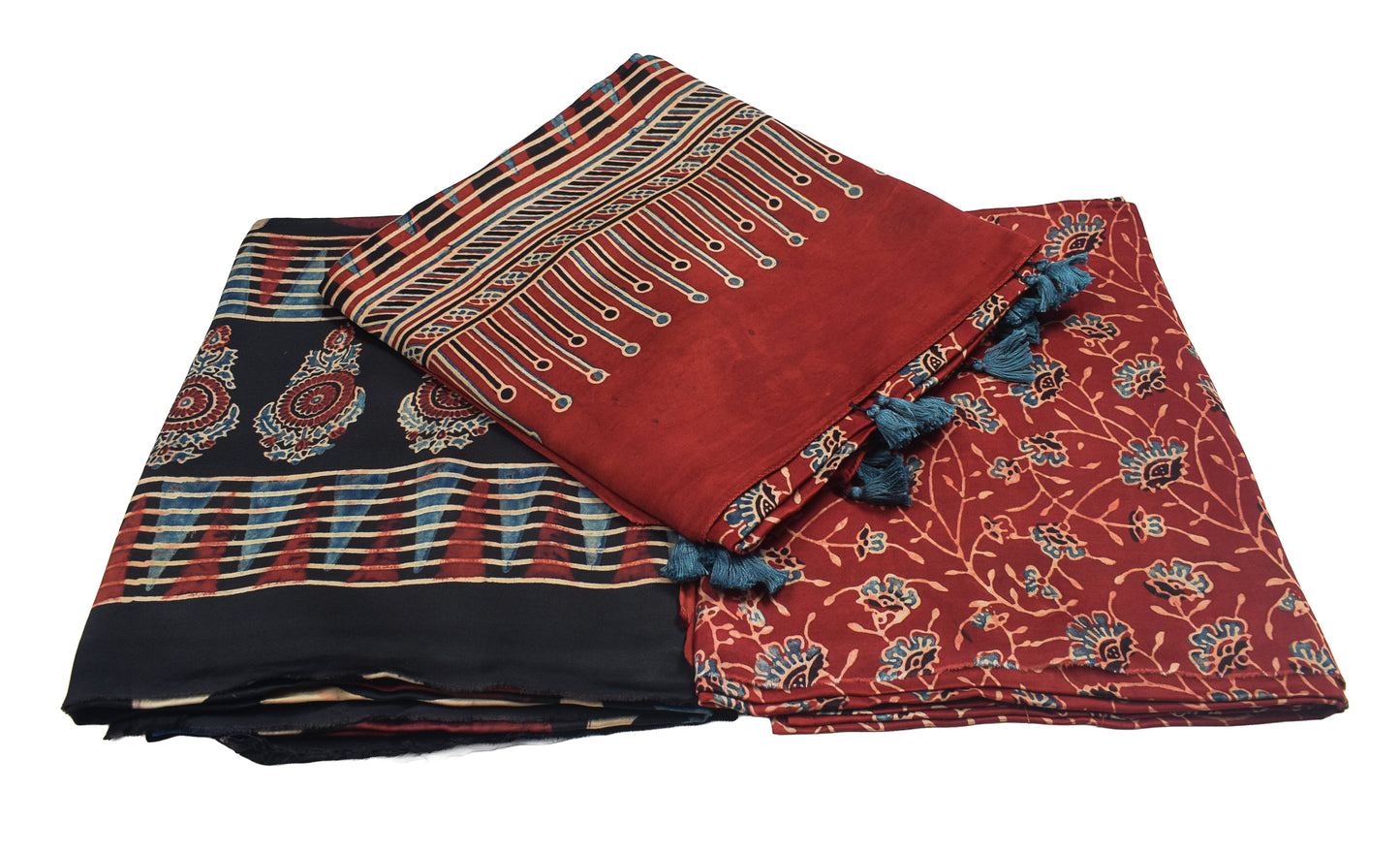 Ajrakh Modal Silk Natural Dye Hand Block Print Dress Material with Full Ajrakh Heavy Dupatta - with Tassels - 2.5 Mt Top    -  SKU : AI02502L