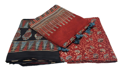 Ajrakh Modal Silk Natural Dye Hand Block Print Dress Material with Full Ajrakh Heavy Dupatta - with Tassels - 2.5 Mt Top    -  SKU : AI02502L