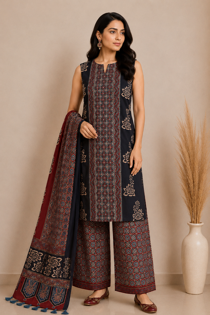 Ajrakh Modal Silk Natural Dye Hand Block Print Dress Material with Full Ajrakh Heavy Dupatta - with Tassels - 2.5 Mt Top    -  SKU : AI02502Q