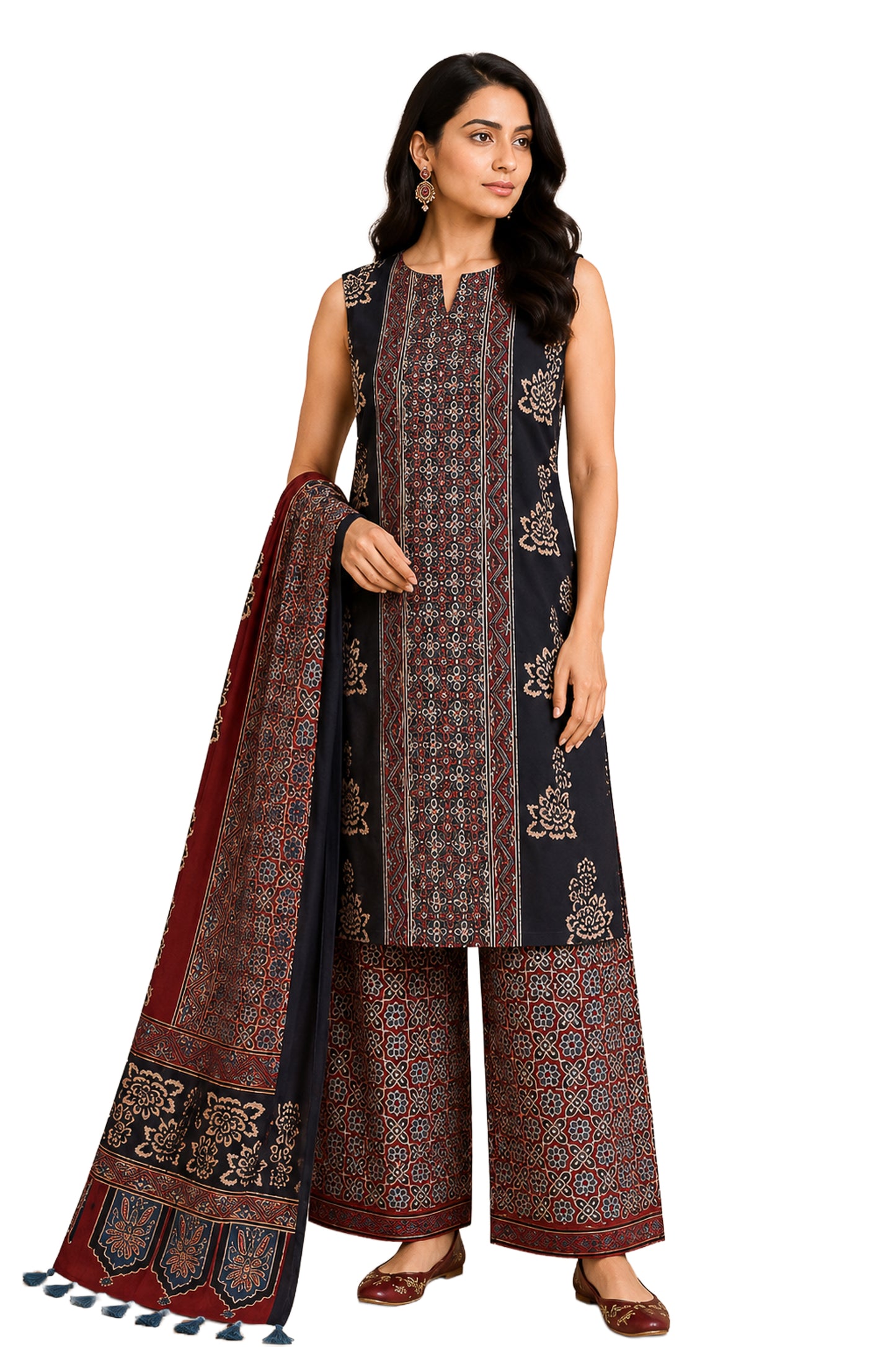 Ajrakh Modal Silk Natural Dye Hand Block Print Dress Material with Full Ajrakh Heavy Dupatta - with Tassels - 2.5 Mt Top    -  SKU : AI02502Q