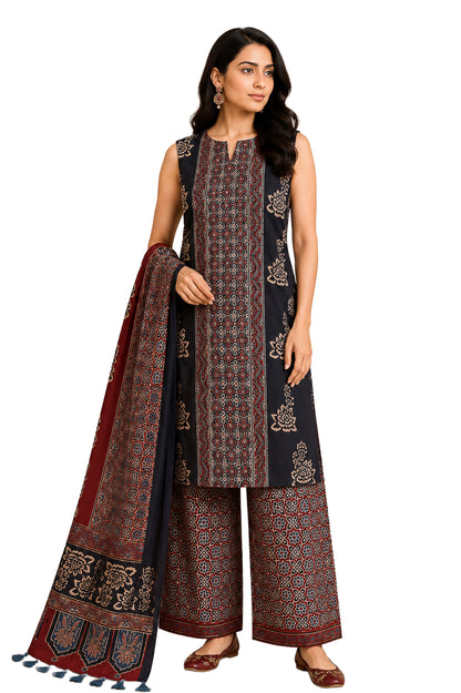 Ajrakh Modal Silk Natural Dye Hand Block Print Dress Material with Full Ajrakh Heavy Dupatta - with Tassels - 2.5 Mt Top    -  SKU : AI02502Q