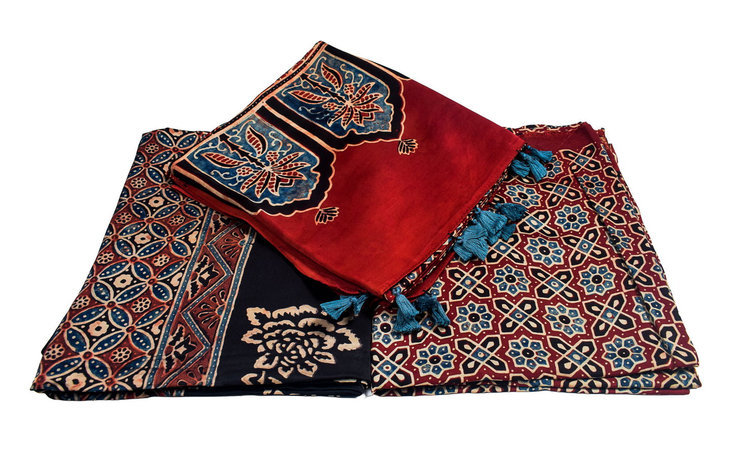 Ajrakh Modal Silk Natural Dye Hand Block Print Dress Material with Full Ajrakh Heavy Dupatta - with Tassels - 2.5 Mt Top    -  SKU : AI02502Q