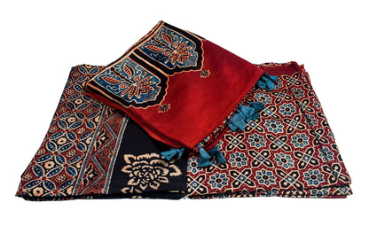 Ajrakh Modal Silk Natural Dye Hand Block Print Dress Material with Full Ajrakh Heavy Dupatta - with Tassels - 2.5 Mt Top    -  SKU : AI02502Q